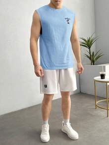 HIMLAND Herren Sommer Strick Casual Kokosnussbaum Muster Rundhals Trägershirt - Babyblau - Übersicht 6