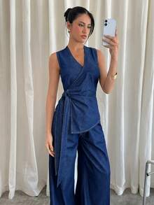 Siren Gaze Bộ đồ thời trang nữ đa năng gồm áo hai dây buộc eo xếp ly và quần jean ống rộng thoải mái. - Rửa tối - Xem 4