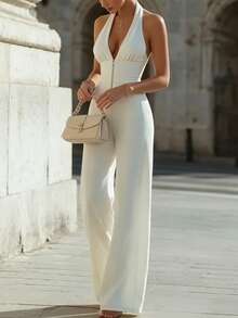 SHEIN Bộ jumpsuit dáng ôm cạp cao 2026 với khóa kéo cổ, quần ống rộng thanh lịch, thích hợp cho công sở, tạo hiệu ứng thon gọn. - trắng - Xem 4