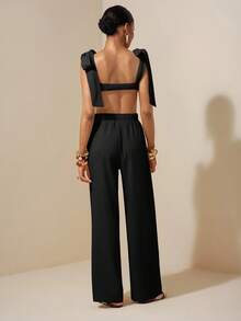 Zivah Bộ đồ đi biển mùa xuân hè mới, kiểu dáng thường ngày, áo crop top cổ trái tim buộc dây vai và quần ống rộng, màu mơ, chất liệu vải có họa tiết. - màu đen - Xem 2