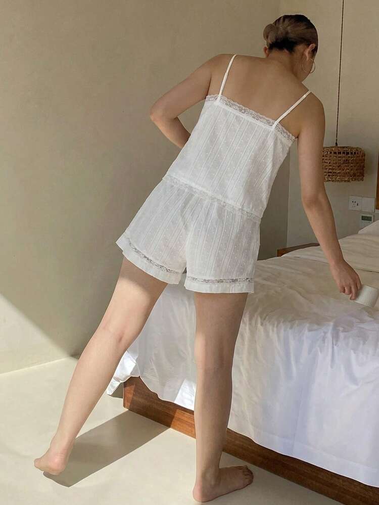 2pcs Lace Patchwork Camisole & Loose Straight Shorts Pajama Set, Women Summer Sleepwear
