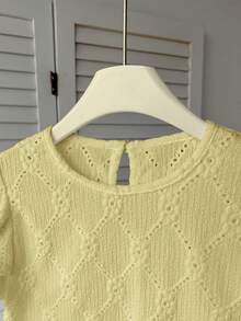 SHEIN Tween Girls Pale Yellow Textured Woven Round Neck Ruched Ruffle Trim Flutter Sleeve Fitted Cute Top,French Elegant Summer Vacation,Tea Party For Kids - Yellow - View 3