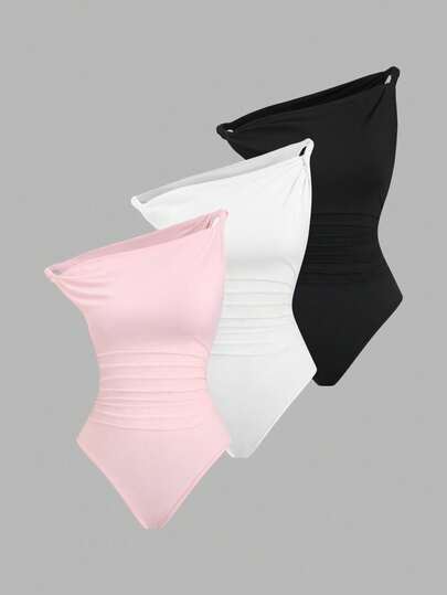 Sweetra Women's New European And American Fashion Summer Beach Outfit, Slim Fit Sexy Minimalist 3-Piece Set, Asymmetric Neckline, Sleeveless Design, Twist Detail, Casual Everyday Wear