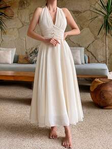 DAZY Robe mi-longue élégante de couleur unie plissée dos nu licou pour femmes, petite taille d'été - Blanc - Voir 4