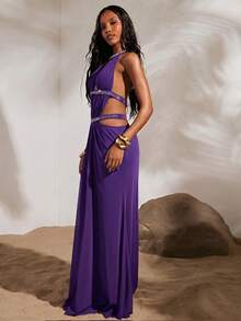 Opulessa Vestido de punto de unicolor con malla calada y espalda descubierta para mujer, adecuado para vacaciones de primavera/verano - Morado - Ver 6
