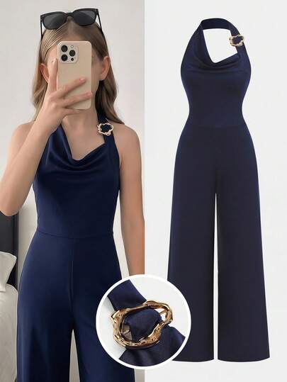 Girlism Kids Tween Girls Navy Blue Solid Color Knit Backless Halter Jumpsuit With Metal Decor, Elegant Fashionable, Suitable For Party Formal Evening Events Navy Blue Summer,Graduation  Jumpsuit