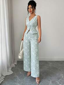 Conjunto de 2 piezas de chaleco y pantalones azules de estilo elegante y casual para uso diario y de oficina, con estampado de margaritas africanas y relieve de jacquard para mujer - verde menta - Ver 5