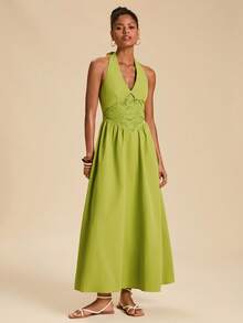 Travachic Women's Embroidered Halter Neck Vacation Dress,Elegant Dresses For Women, Summer Dress,Vacation Outfits Women,Embroidered Dress,Dresses For Women Summer - Green - View 5