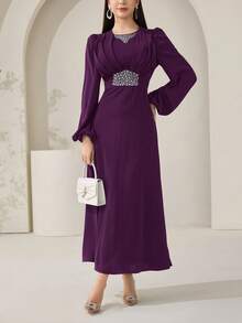 Veilorie Nuevo vestido de cóctel elegante y de lujo con cintura fruncida y adornos de strass, elegante para fiestas - Bold Plum - Ver 9