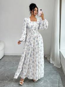 Modelyn New Pleated Textured Fabric Ditsy Floral Romantic Vacation Cinched Waist Versatile Party Dress,Dresses For Women Summer - Blue - View 4