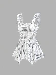 SHEIN Sweetro Women's White With Black Polka Dots Peplum Ruffle Hem Blouse Vacation Summer Cute Brunch Picnic - White - View 3