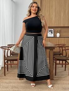 SHEIN CURVE+ Váy chữ A dáng rộng kẻ sọc dành cho nữ cỡ lớn, thích hợp mặc đi làm. - Đen và trắng - Xem 5