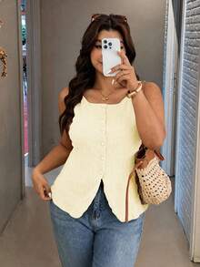 SHEIN Frenchy 大码女式纯色休闲百搭日常衬衫 - 杏色 - 查看 7