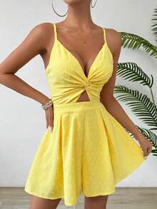 Breezaya Mono casual hueco con frente anudado y unicolor para mujer, con cintura recortada y tirantes ajustables tipo espagueti, para vacaciones - Amarillo - Ver 4