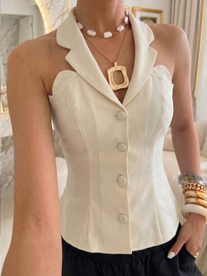 Mulvari Women's Apricot Woven Sleeveless Halter Gathered Waist A-Line Button-Up Elegant Romantic Blazer, Spring/Summer Spring Summer Office Tailored Halter Top Smooth Structured Suiting Fabric Scalloped Notched Lapel Collar Button-Front Closure With Matching Buttons Office Smart Casual Wear Weekend Shopping Hangout Spring Outdoor Brunch Event  Summer Sleek Office-To-Party Style Off-White/Cream Base Summer Tops Summer Outfits Elegant Women's Blouses Work Outfits For Women
