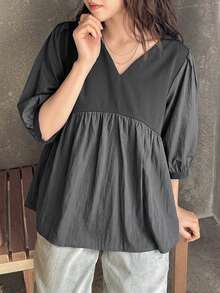 FRIFUL 女款黑色V領泡泡袖襯衫，夏季服飾 - 灰色 - 查看 5