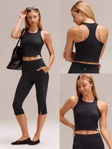 GLOWMODE Áo tank top dáng ôm, dài đến eo, chất liệu cotton Pima gân nổi, kiểu dáng suông, thích hợp mặc hàng ngày. - màu đen - Xem 7