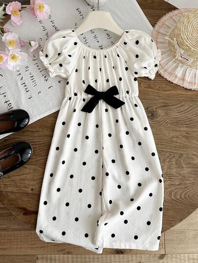 LMoss Kids Baby Girl Woven Polka Dot Scoop Neck Petal Sleeve Casual Jumpsuit