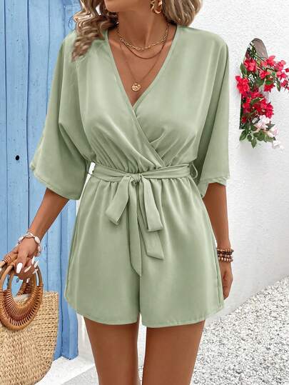 Vivid Eden Women's V-Neck Crossed Waist Tie Ruffle Textured Fabric Casual Vacation Romper
