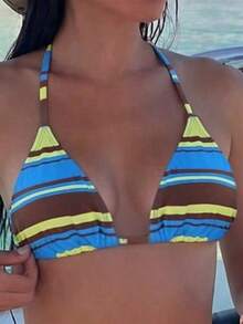 Swim Mod Bikini de 2 piezas con tirantes finos y escote halter, base negra con estampado aleatorio de puntos blancos, con lazos laterales, dulce y lindo para mujer, Primavera/Verano 2026 - Multicolor - Ver 4