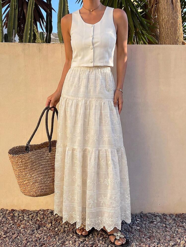 Women's Solid Color V-Neck Sleeveless Jacket And Long Umbrella Skirt Elegant Summer 2-Piece Set