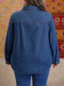 SHEIN CURVE+ Plus Size Women Embroidered Casual Boho Western Denim Blouse Fall Beach Going Out Blue - Dark Wash - View 7