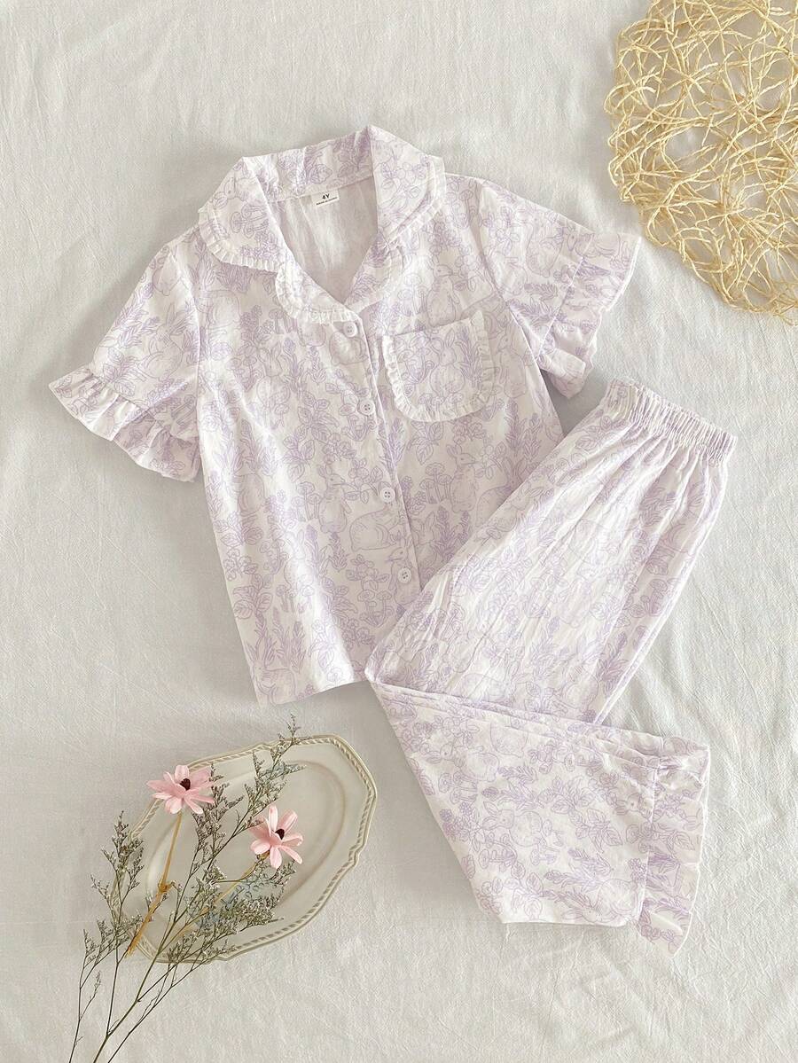 Young Girl' White Floral Line Rabbit Floral Pattern Ruffle Collar Short Sleeve Pants Casual Flowy Comfortable 2 Pieces Pajama Set Sleep Summer - Purple - View 1