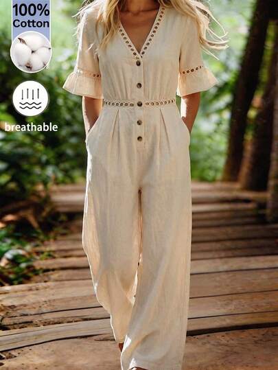 Balvessa Women's Beige Linen V-Neck Eyelet Embroidery Jumpsuit, Waist-Cinched Wide Leg Flare Sleeve Boho Vacation Romper