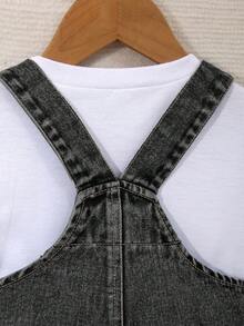 Mirajuku 2026 Nouveaux pantalons à bretelles en jean et salopettes pour jeunes garçons, style mode décontracté d'été, noir et gris délavé, design de poches à patch, coupe droite ample, tissu en jean léger et doux, confortable et agréable pour la peau, indispensable pour les garçons élégants, style décontracté minimaliste adapté à l'été, convient pour le port quotidien, la séance photo, la sortie, la fête, le festival de musique, les vacances et plus d'occasions - Gris - Voir 4
