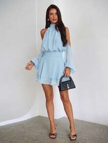 Aloruh Vestido Roxo-Vermelho de Manga Longa Ombro de Fora, Vestido Elegante Casual de Colarinho Pequeno, Primavera - Azul bebê - Visão 3