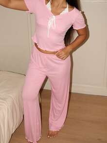 Lowkey Lull Conjunto de pijama de mujer de punto a rayas jacquard de estilo casual - Rosa - Ver 4