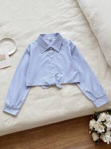 SHEIN Vintaside Kids Áo sơ mi cổ bẻ kẻ sọc hồng trắng kiểu dáng preppy dành cho bé gái tuổi teen, thích hợp cho các hoạt động thường ngày, đi học, gặp gỡ bạn bè, dự tiệc, và cả ngày Valentine. - Nhiều màu - Xem 4