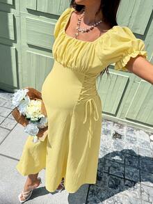 SHEIN Maternity Summer Solid Color Ruched Side Tie Wrap Puff Sleeve Dress - Yellow - View 5