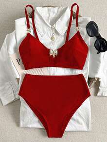 Swim Chiccia 女款素色金屬裝飾分體式比基尼泳衣套裝，適合夏季海灘穿著 - 紅色 - 查看 4