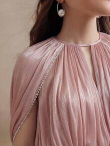 Anewsta Women's Solid Color Pleated Cape Sleeve Elegant Blouse - Dusty Pink - View 1