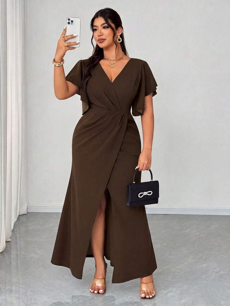 Elenzga Vestido formal ligero de talla grande, vestido elegante y romántico con bajo de cola de sirena, cuello en V, mangas con volantes, adecuado para banquetes, fiestas, invitados de boda - Marrón - Ver 1