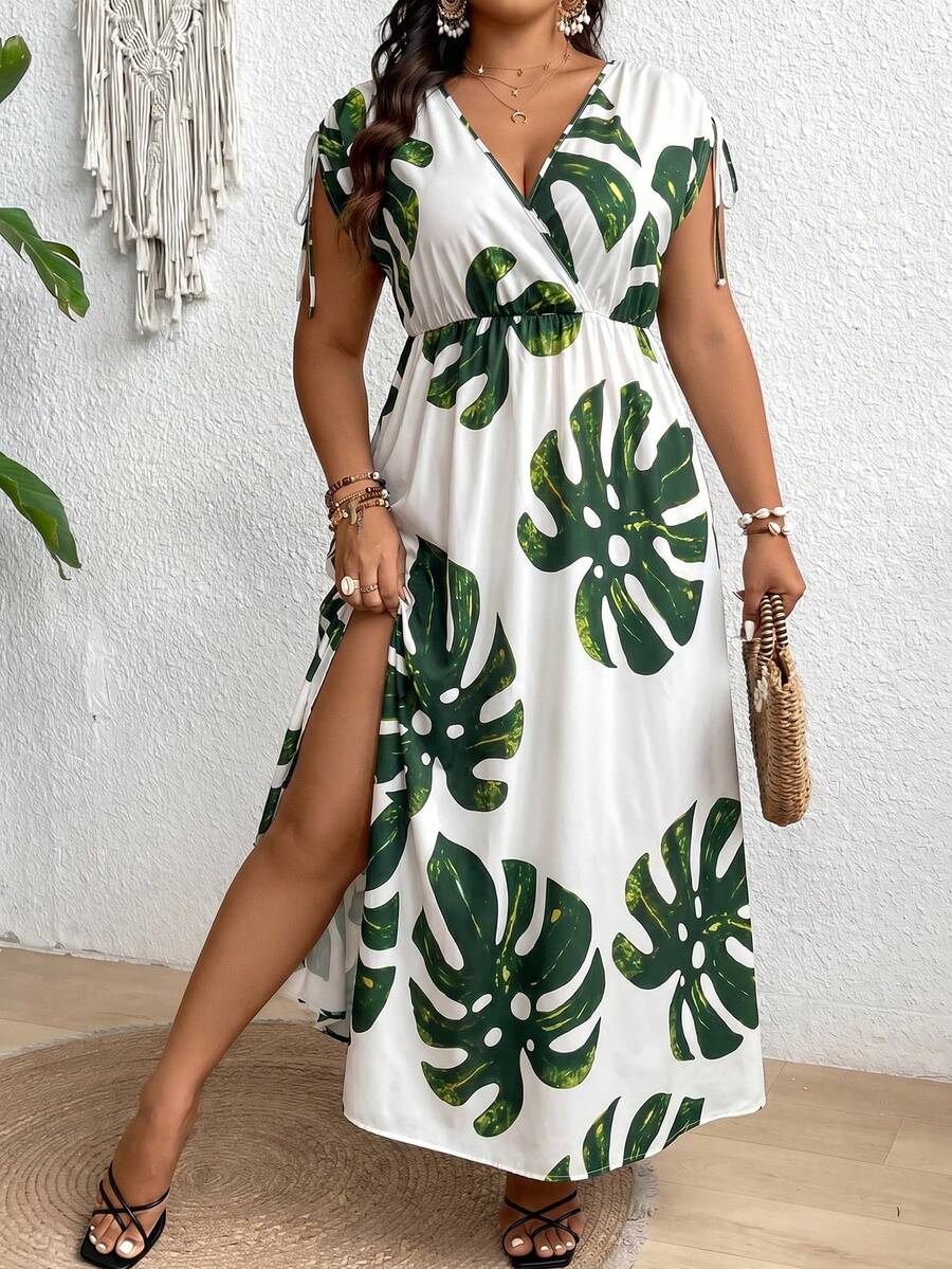 SHEIN Clasi Đầm maxi xẻ tà cổ chữ V họa tiết hoa dành cho nữ cỡ lớn. - Limelight Green - Xem 1