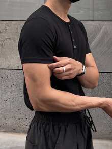 DAZY Camiseta de hombre de ajuste slim con media cremallera, de tela elástica negra - Negro - Ver 4