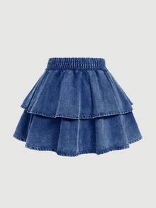 SHEIN MOD Plus Size Denim Mini Skirt With Bow Accent, Blue - Medium Wash - View 2