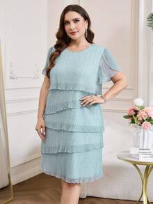Reflora Plus Size Women Solid Color Round Neck Casual Party & Outing Dress - Blue - View 7