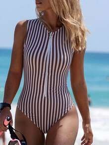 SHEIN Swim SPRTY Áo tắm biển mùa hè dành cho nữ, họa tiết sọc ngẫu nhiên, áo tắm liền thân không tay chống nắng, thiết kế nửa khóa kéo, dáng suông ôm sát, cắt cao. - Nhiều màu - Xem 7