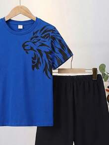SHEIN Set Pakaian Santai Rajut Longgar Kasual Musim Panas untuk Anak Laki-Laki Remaja, 2 Potong, Motif Singa, Kaos dan Celana Pendek - Royal Blue - View 5