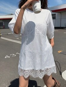 DAZY Vestido de mujer de 2 en 1 con mangas cortas y parches de encaje - Blanco - Ver 2