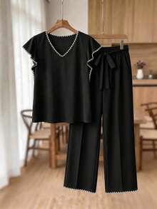 SHEIN Frenchy Bộ 2 món dành cho nữ cỡ lớn, gồm áo và quần tay bồng thêu họa tiết vỏ sò. - Nhiều màu - Xem 6