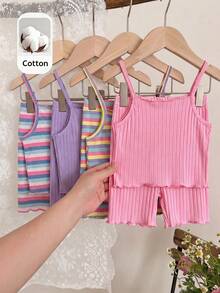 SHEIN 8pcs Young Girl Knitted Solid Striped Casual Camisole And Shorts Set - Multicolor - View 4