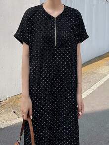 FRIFUL 女士金属拉链休闲纯色宽松夏季短袖连衣裙，适合度假和毕业典礼穿着 - 黑色 - 查看 4