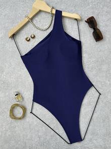 Bonvoyette Solid Color Hollow Out Asymmetric Metal Decor Swimsuit, One-Piece, Suitable For Beach Vacation - Royal Blue - View 2