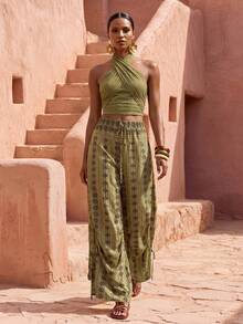 Zivah 2026 Spring/Summer New Bohemian Style Loose Drawstring Waist Side Pocket Wide Leg Pants With Floral Retro Print, Green - Green - View 8