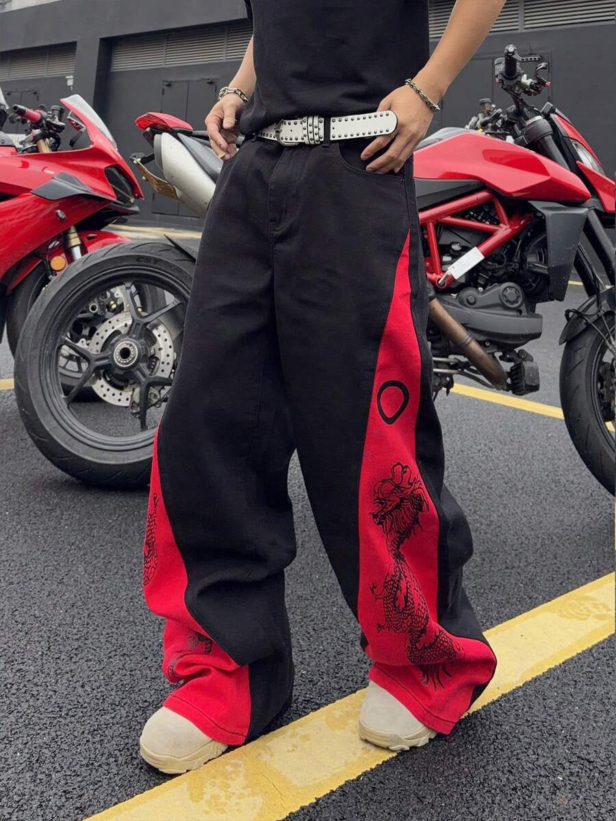 Manfinity EMRG 男士撞色印花宽松牛仔裤,带斜插口袋 - 黑色 - 查看 1