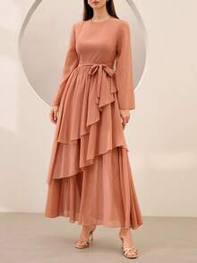 Graceveil Elegant Chiffon Asymmetrical Flared Waist Dress - Pink - View 5